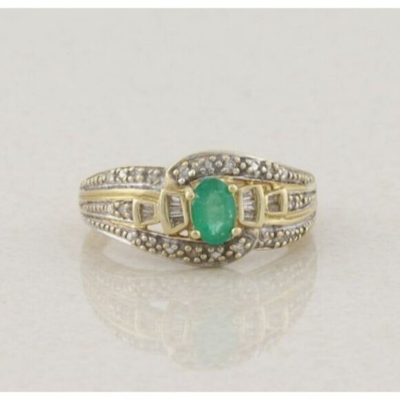 14k Yellow Gold Natural Emerald & Diamond Ring Size 8 1/4 - Picture 1 of 8
